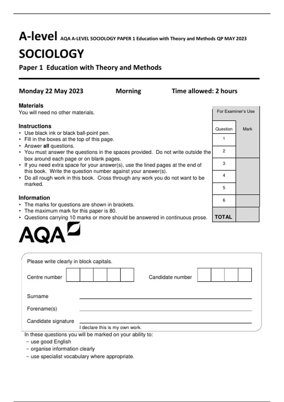 a level sociology paper 1 education with theory and methods