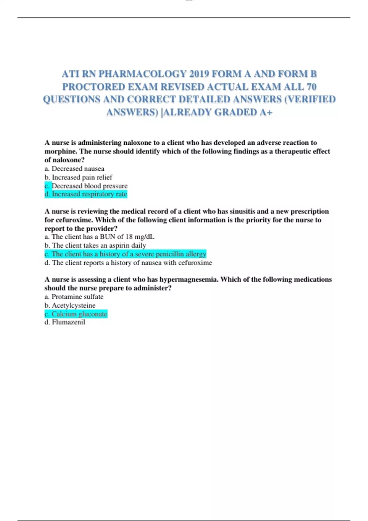 ATI RN PHARMACOLOGY 2019 FORM A AND FORM B PROCTORED EXAM REVISED ...