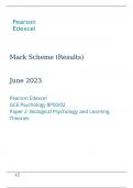 Pearson Edexcel GCE Psychology 8PS0/02 Paper 2  Biological Psychology and Learning Theories Marking scheme June 2023 