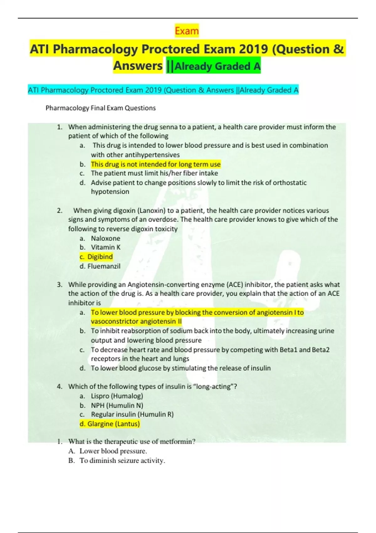 ATI Pharmacology Proctored Exam 2019 (Question & Answers ||Already ...