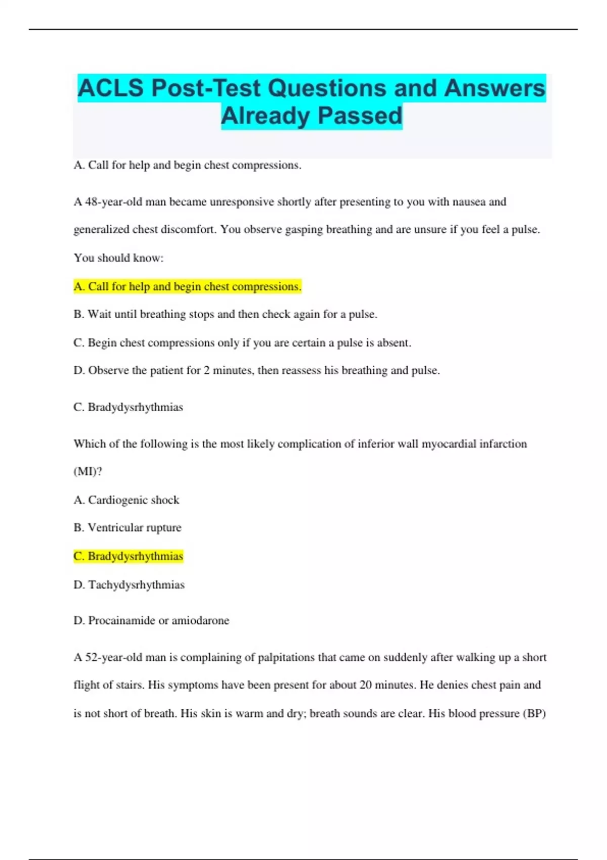 ACLS PostTest Questions and Answers Already Passed ACLS Stuvia US