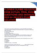 FLORIDA CLAIMS ADJUSTER  EXAM ACTUAL TRIAL EXAM  QUESTIONS AND ANSWERS  2023 A+ GRADED EXAM  SOLUTION