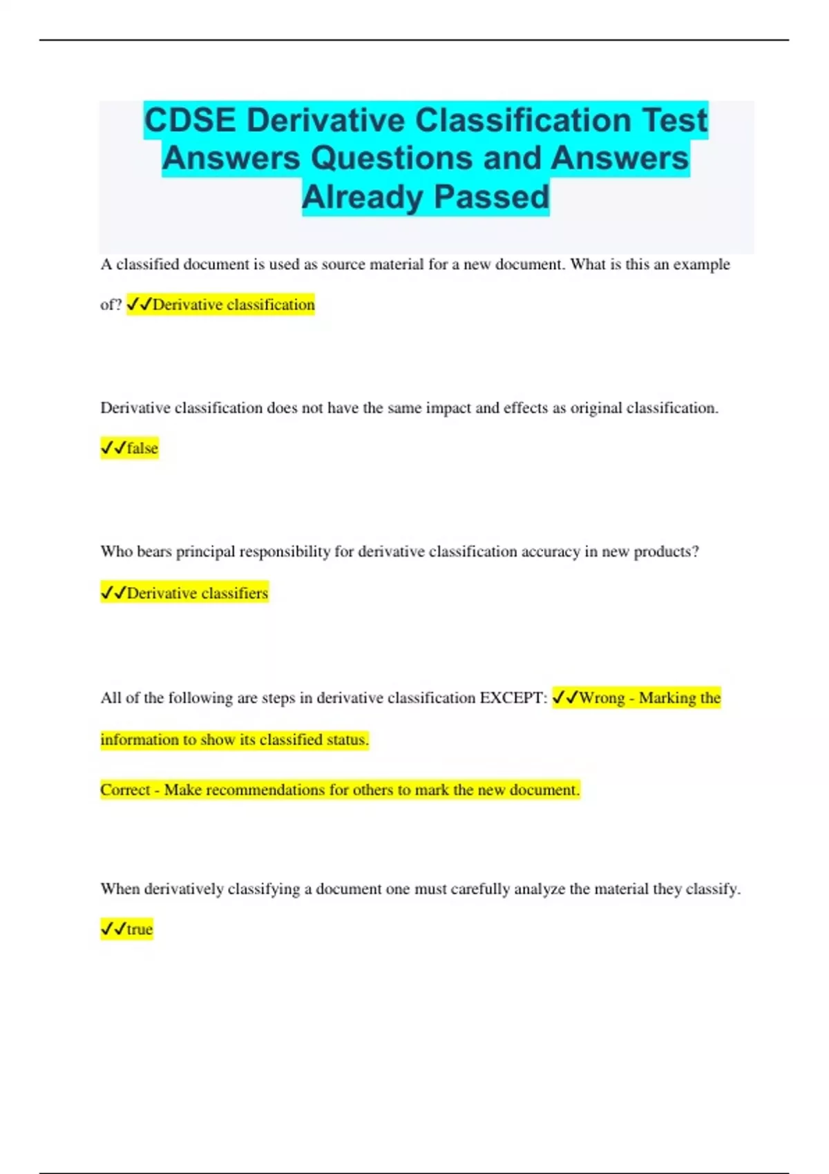 CDSE Derivative Classification Test Answers Questions and Answers