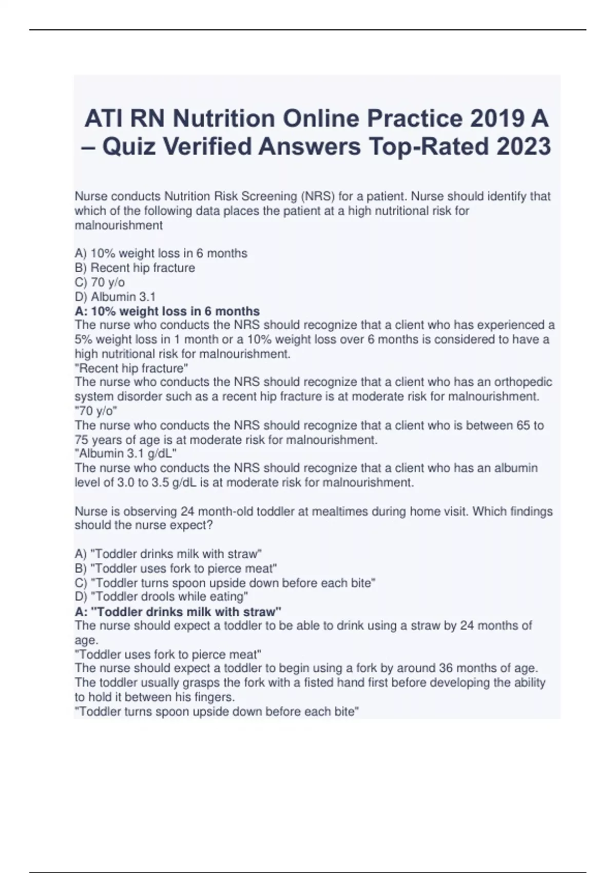 ATI RN Nutrition Online Practice 2019 A Quiz Verified Answers Top