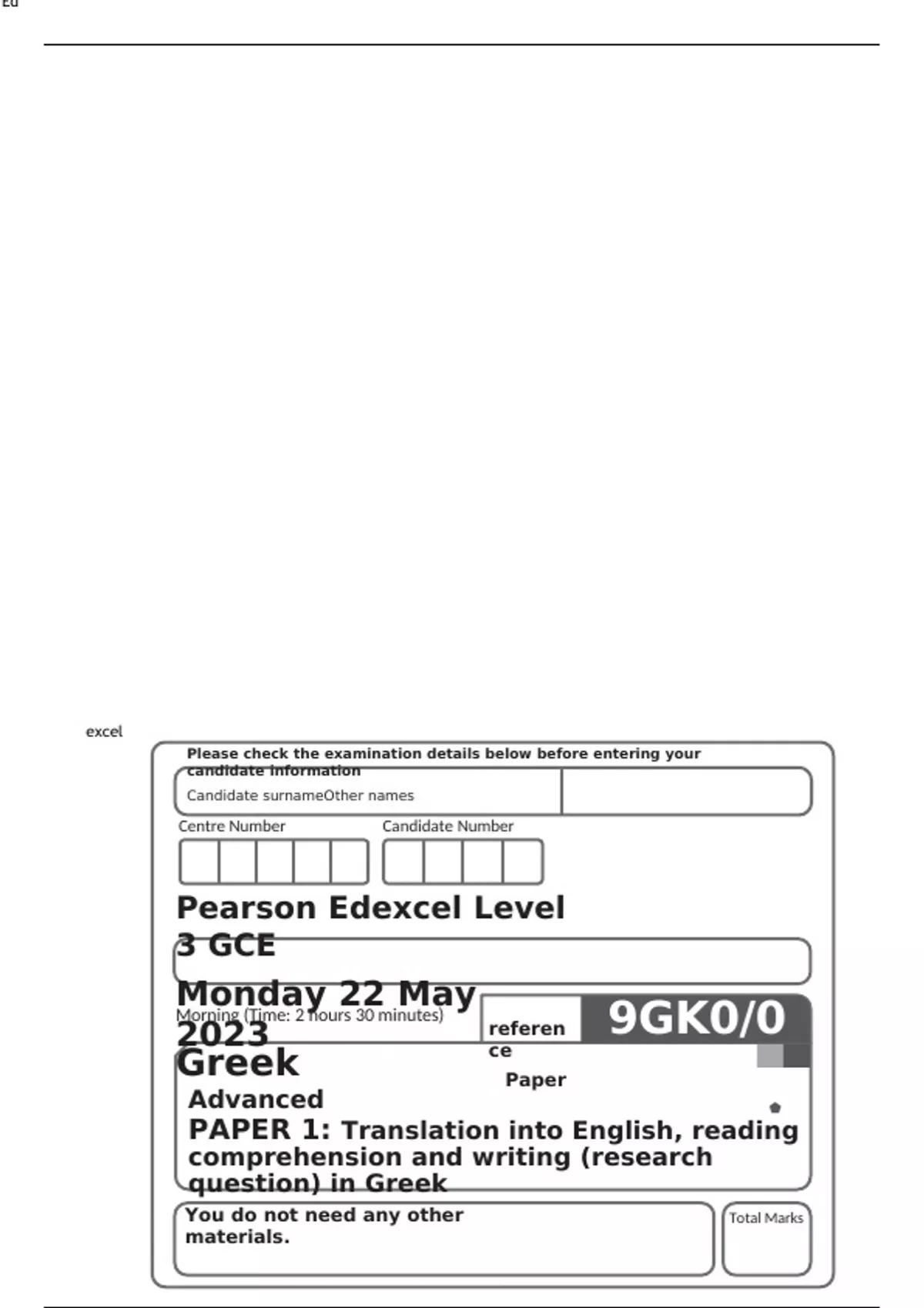 Pearson Edexcel Level 3 GCE Greek Advanced PAPER 1 JUNE 2023 QUESTION ...