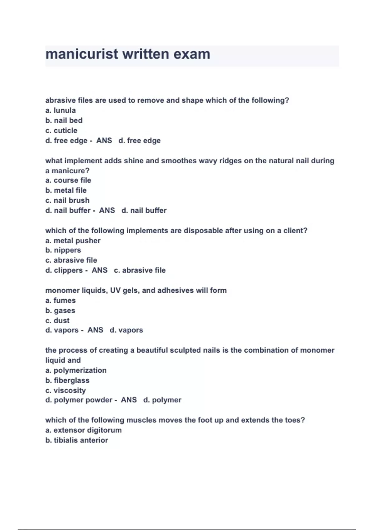 manicurist written Exam Questions And Answers Stuvia US