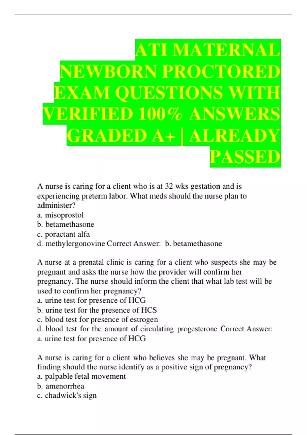 ATI MATERNAL NEWBORN PROCTORED EXAM QUESTIONS WITH VERIFIED 100