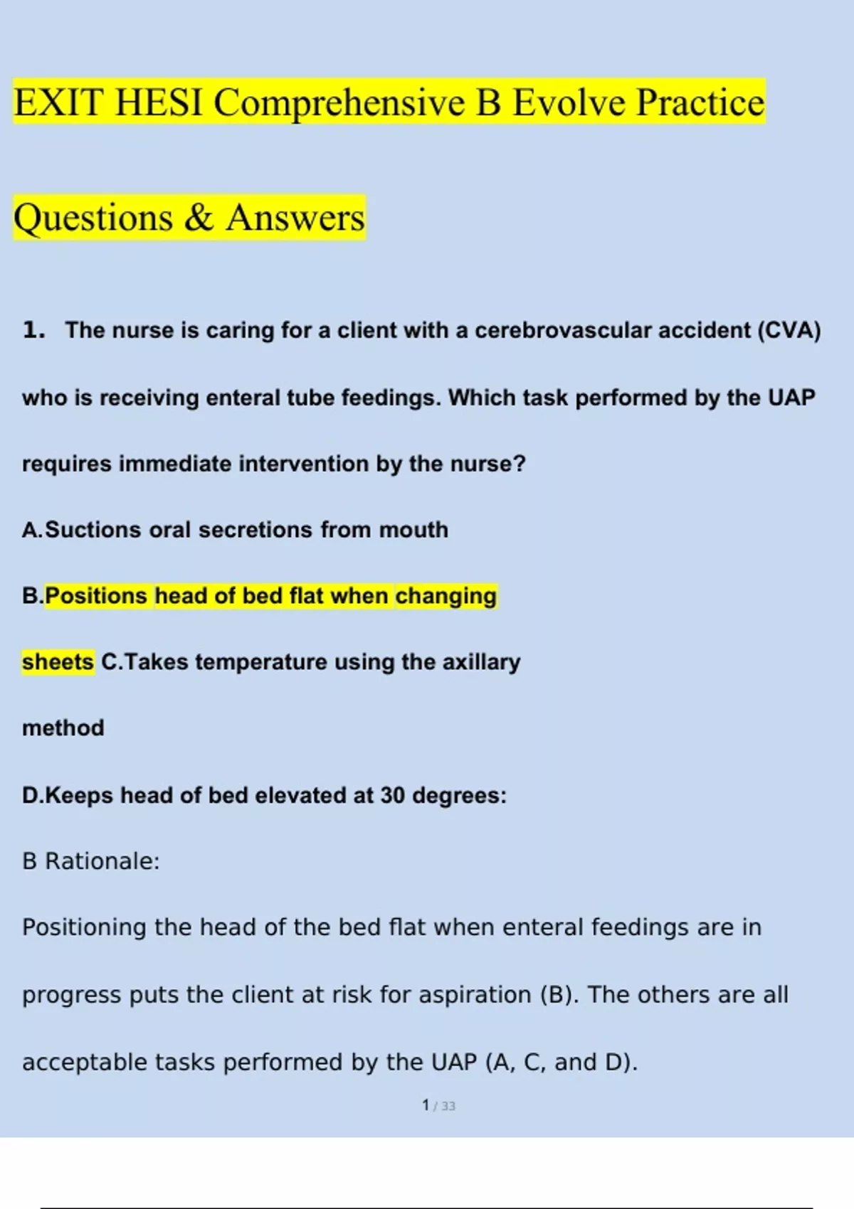 EXIT HESI Comprehensive B Evolve Practice Questions And Answers Latest ...