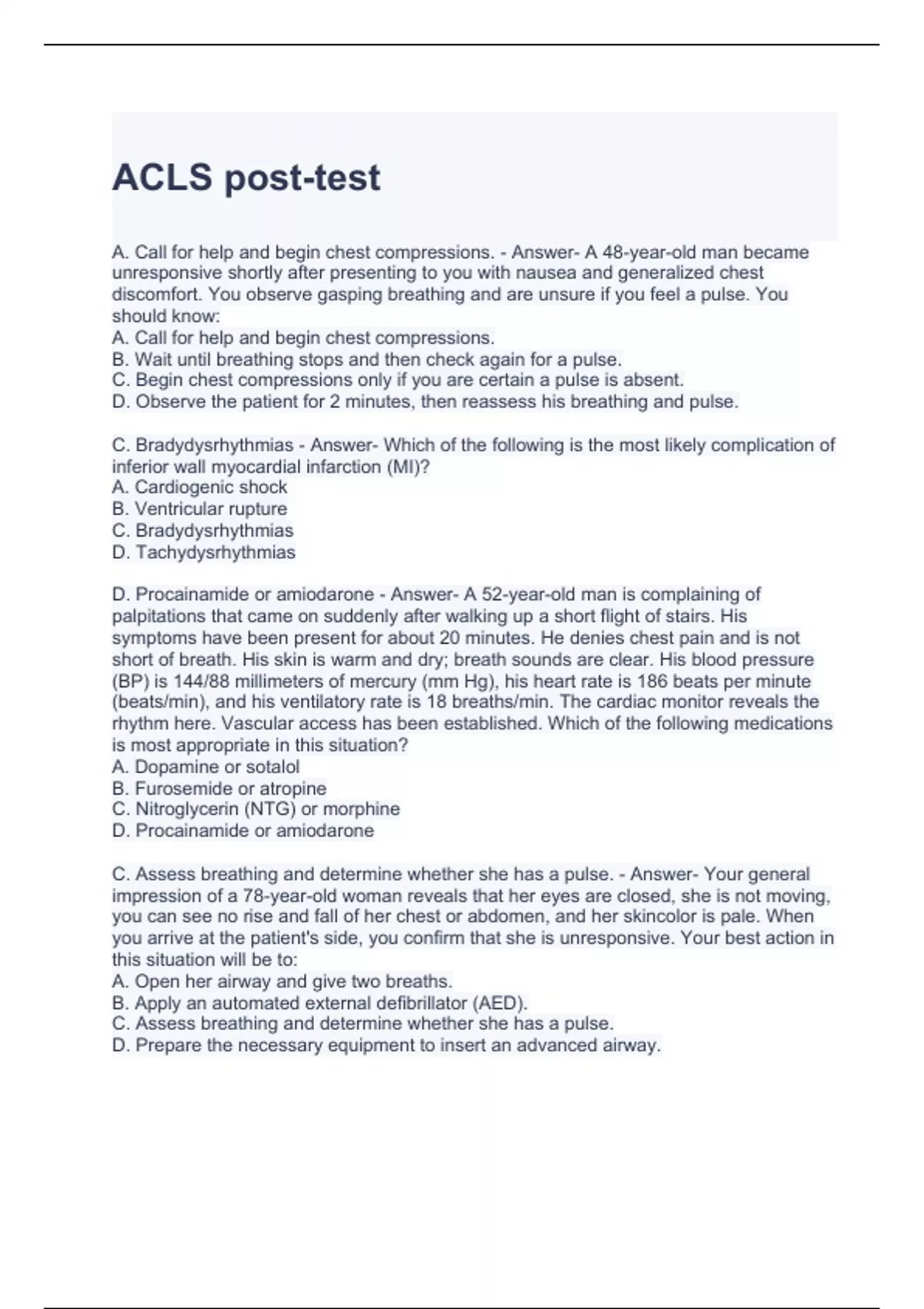 ACLS posttest questions and answers ACLS Stuvia US