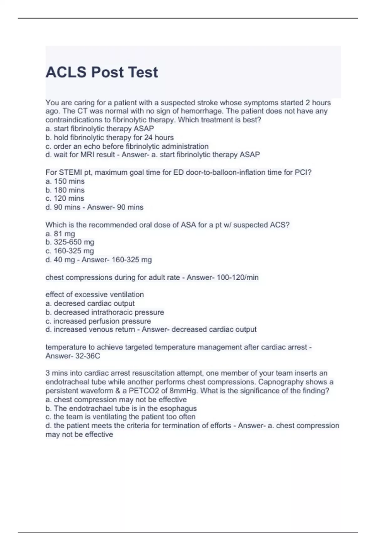 ACLS Post Test with correct Answers ACLS Stuvia US