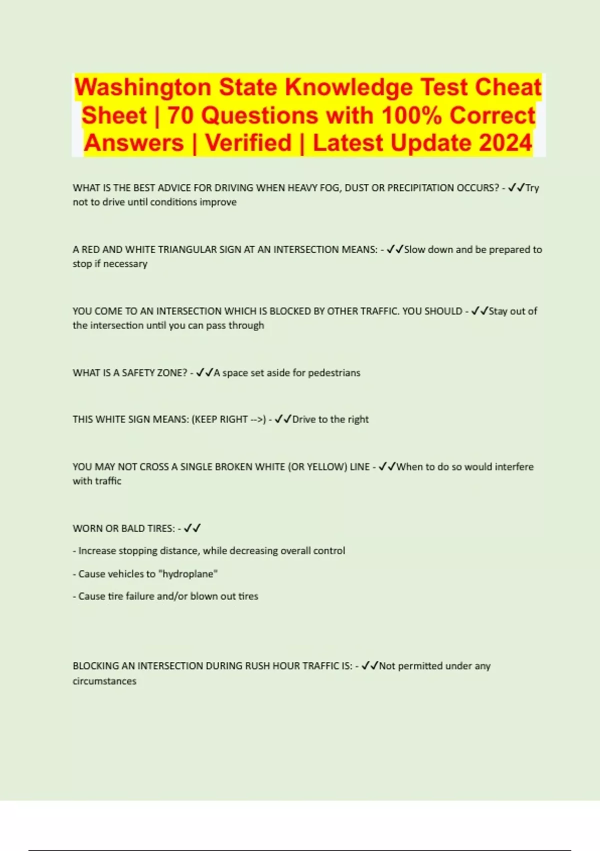 Washington State Knowledge Test Cheat Sheet 70 Questions with 100