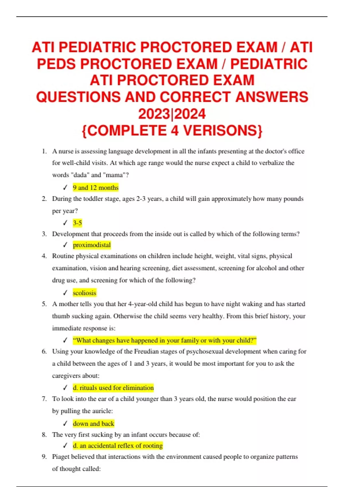 ATI PEDIATRIC PROCTORED EXAM / ATI PEDS PROCTORED EXAM / PEDIATRIC ATI