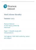 Edexcel A Level History Paper Option 1B Mark Scheme England, 1509–1603, authority, nation and religion June 2023