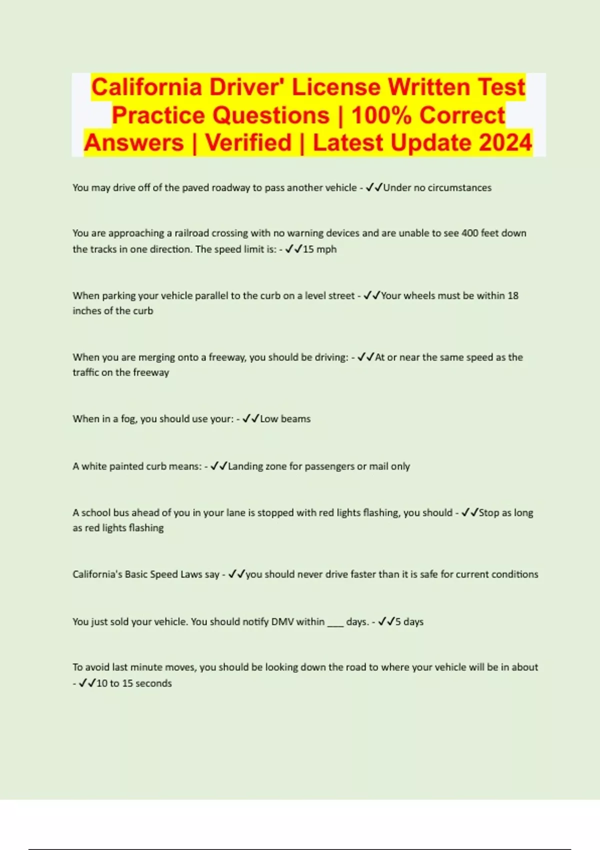 California Driver' License Written Test Practice Questions 100