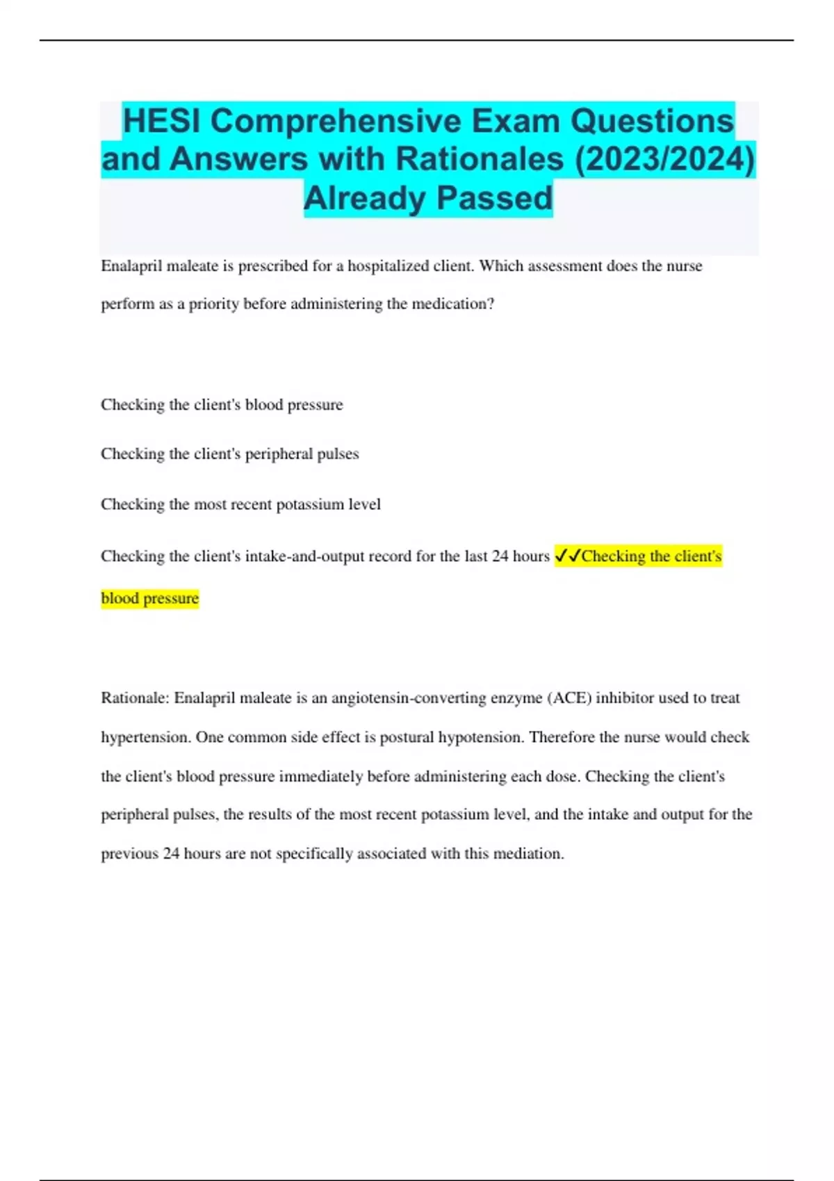 HESI Comprehensive Exam Questions And Answers With Rationales (2023/ ...