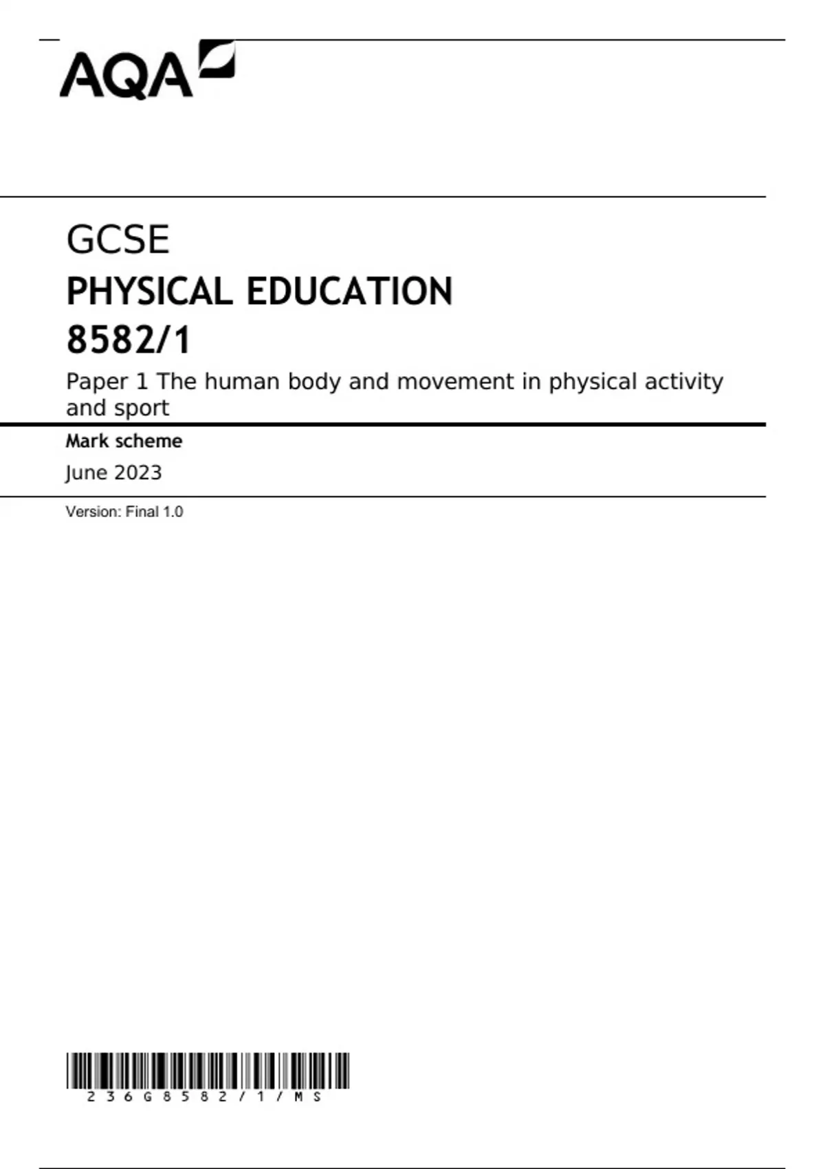 AQA GCSE PHYSICAL EDUCATION 8582/1 Paper 1 The Human Body And Movement ...