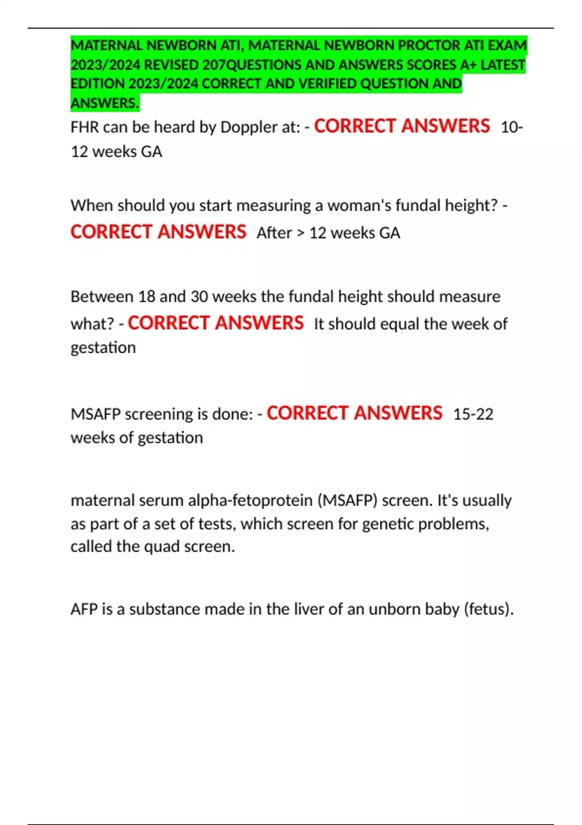 MATERNAL NEWBORN ATI, MATERNAL NEWBORN PROCTOR ATI EXAM 2023/2024 ...