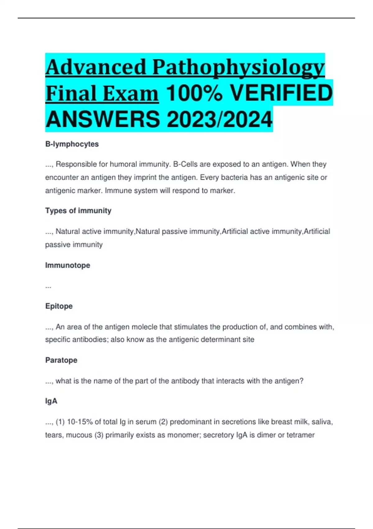 Advanced Pathophysiology Final Exam 100% VERIFIED ANSWERS 2023/2024 ...