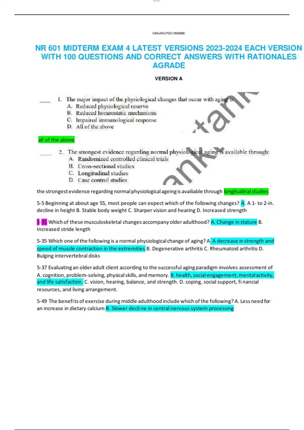 NR 601 MIDTERM EXAM 4 LATEST VERSIONS EACH VERSION WITH 100 QUESTIONS ...