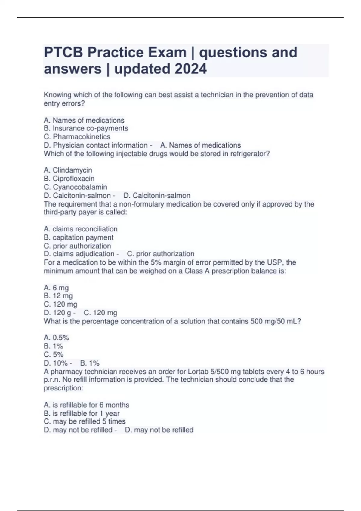 PTCB Practice Exam questions and answers updated 2024 PTCB