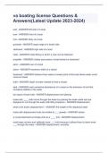 va boating license Questions & Answers(Latest Update 2023-2024)   port - ANSWER left side of a boat  bow - ANSWER front of a boat  hull - ANSWER body of a boat  gunwale - ANSWER upper edge of a boat's side  starboard - ANSWER right side of a boat  clea