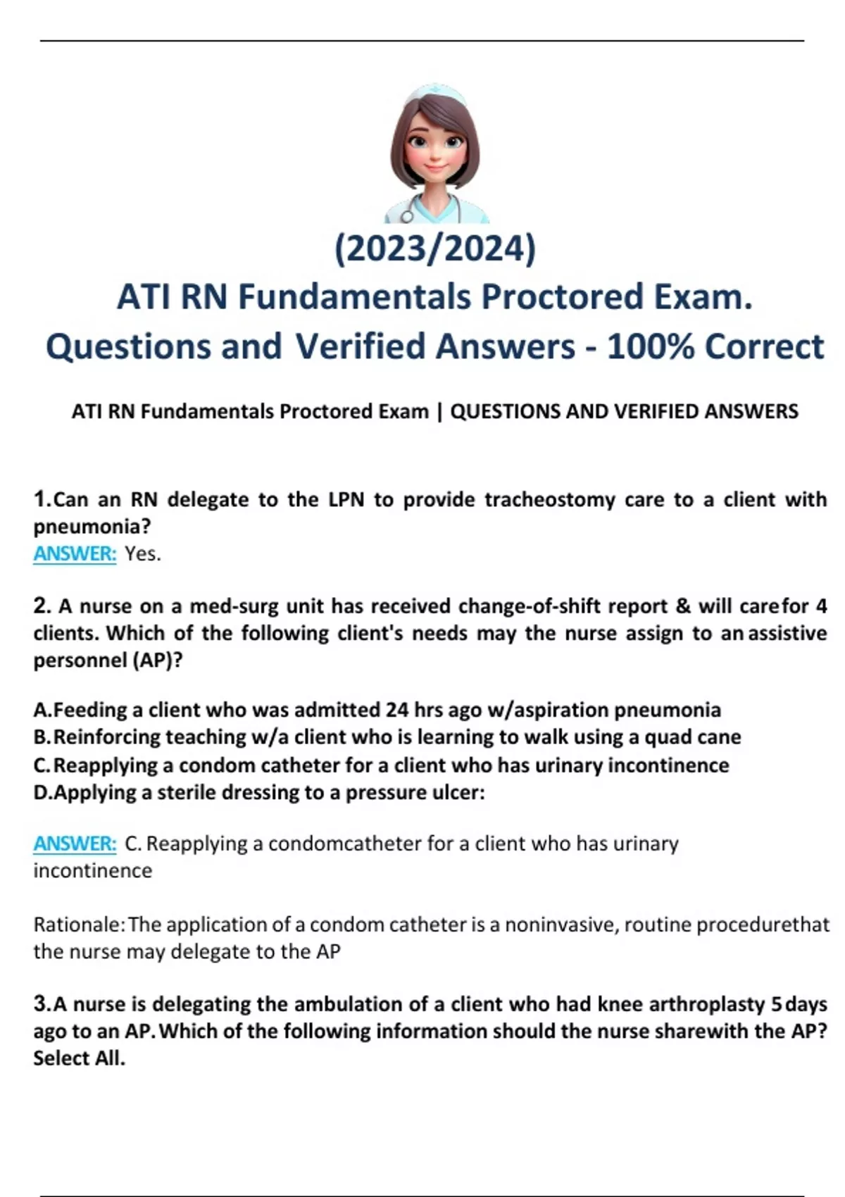 ATI RN Fundamentals Proctored Exam (Latest 2023/2024) Questions And ...