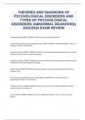 THEORIES AND DIAGNOSIS OF  PSYCHOLOGICAL DISORDERS AND  TYPES OF PSYCHOLOGICAL  DISORDERS (ABNORMAL BEHAVIORS)  2023/2024 EXAM REVIEW