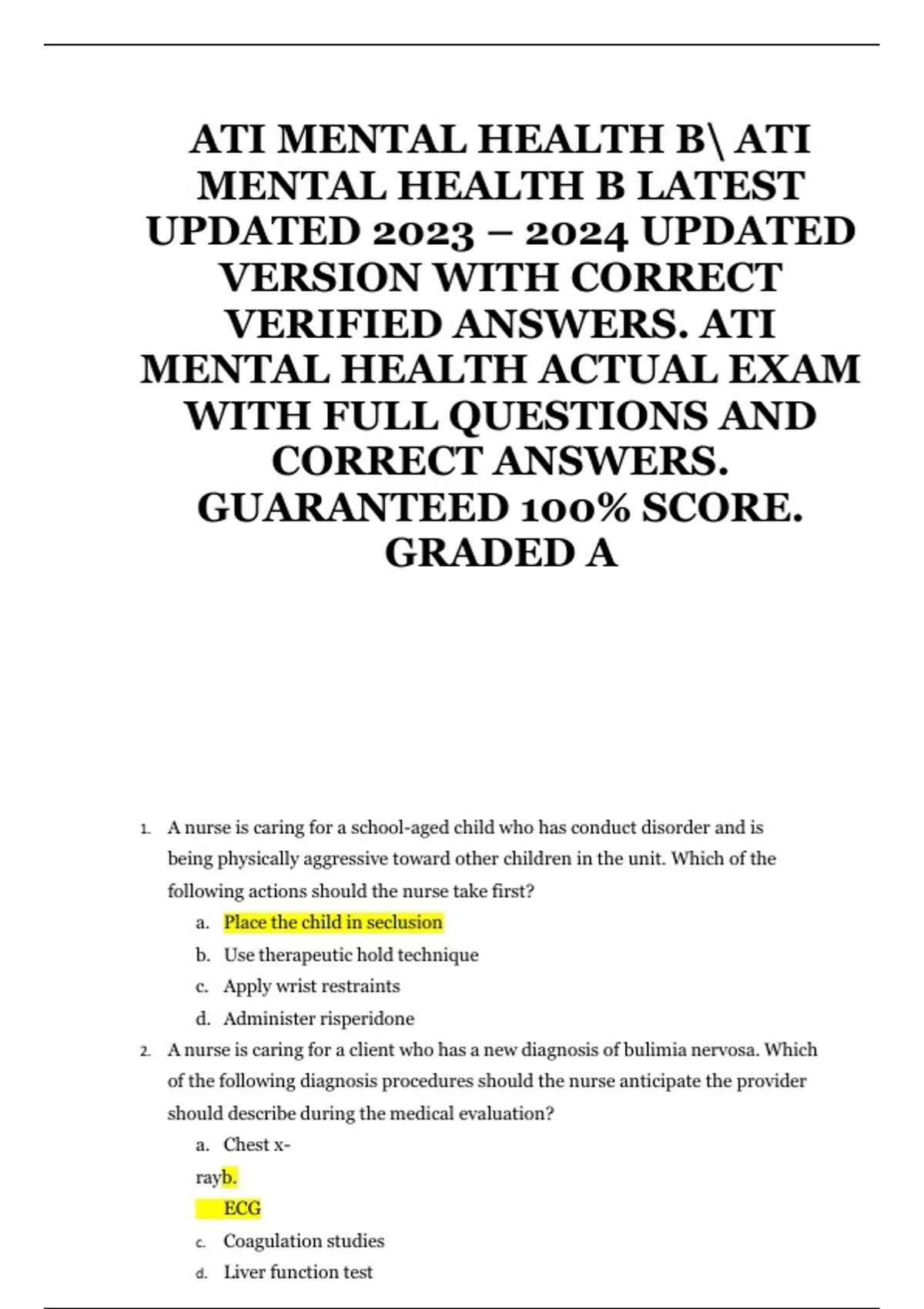 ATI MENTAL HEALTH B ATI MENTAL HEALTH B LATEST UPDATED 2023 – 2024 ...