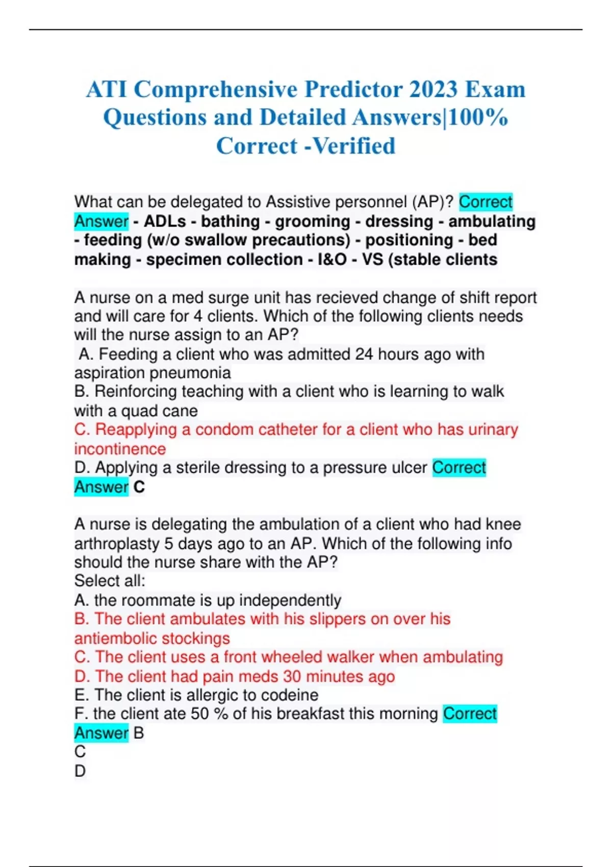 ATI Comprehensive Predictor 2023 Exam Questions and Detailed Answers