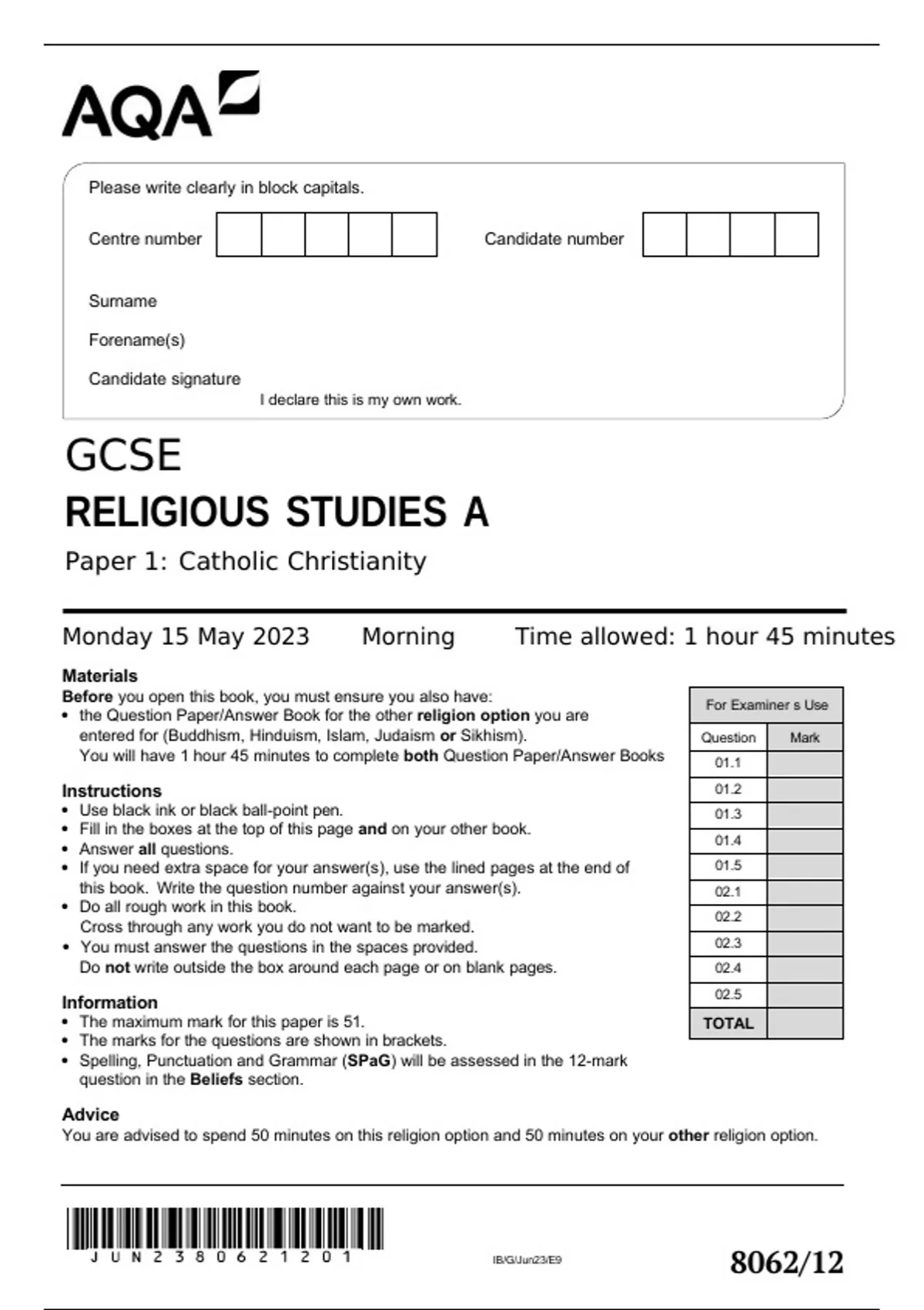 AQA GCSE RELIGIOUS STUDIES A Paper 1: Catholic Christianity Monday 15 ...