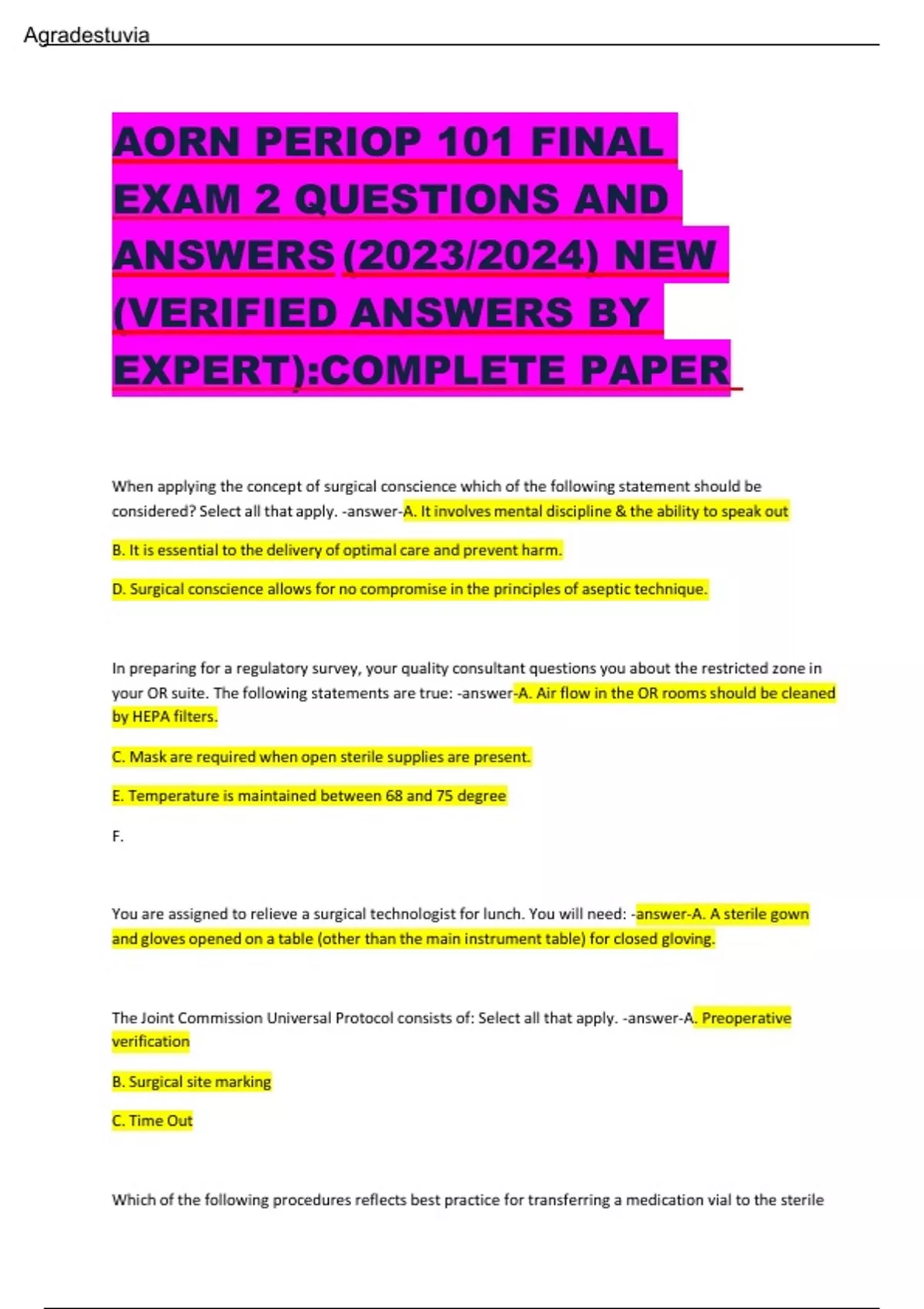 AORN PERIOP 101 FINAL EXAM 2 QUESTIONS AND ANSWERS (2023/2024) NEW ...