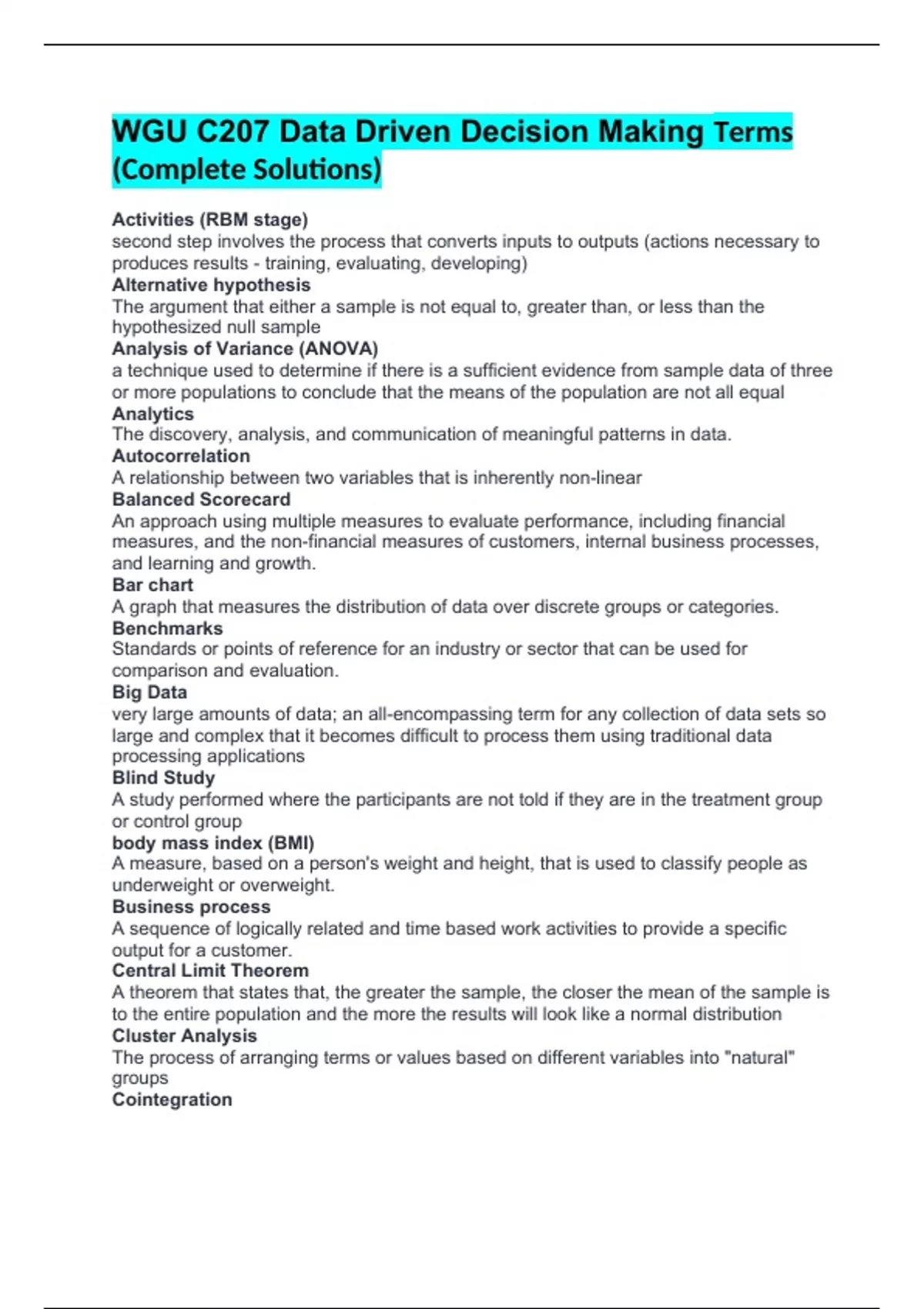 WGU C207 Data Driven Decision Making Terms (Complete Solutions) - Stuvia US