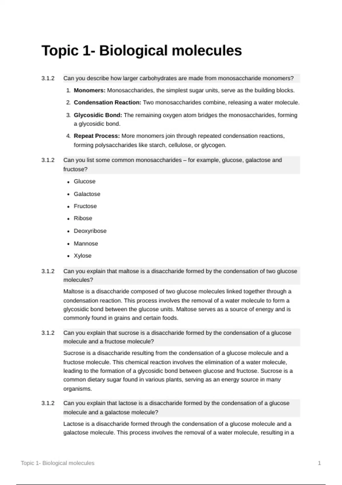 Summary TOPIC 1 BIOLOGICAL MOLECULES NOTES ALEVEL AND AS BIOLOGY - Unit ...