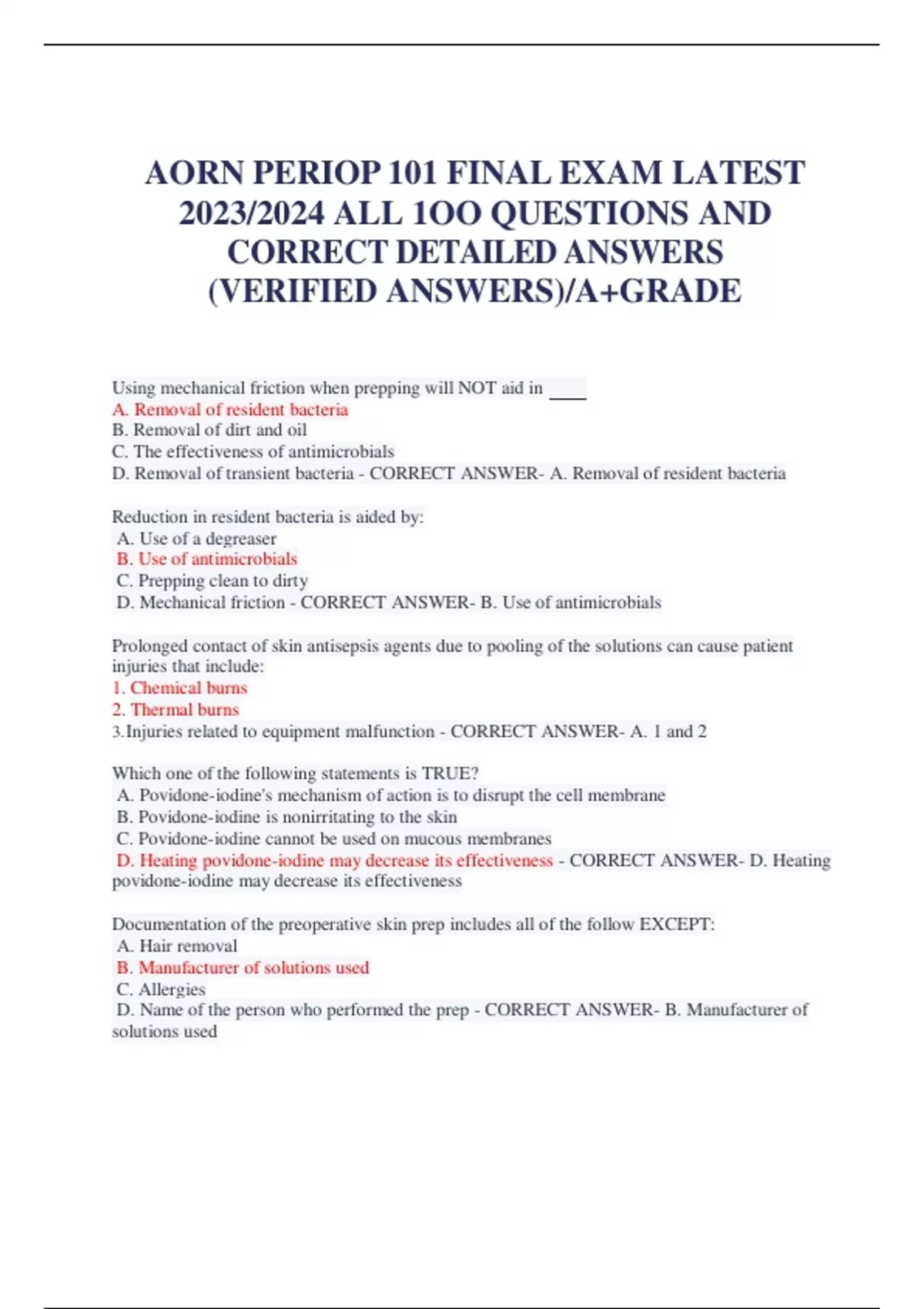 AORN PERIOP 101 FINAL EXAM LATEST 2023/2024 ALL 1OO QUESTIONS AND