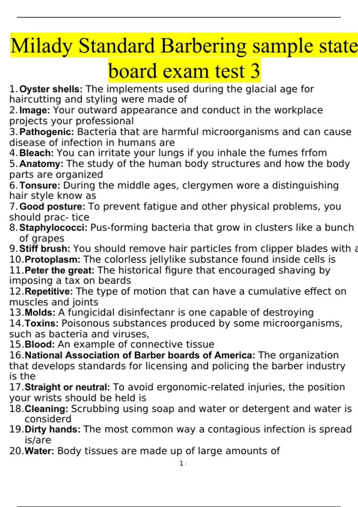 Milady Standard Barbering sample state board exam test 3 Questions and