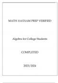 MATH 114 EXAM PREP VERIFIED ALGEBRA FOR COLLEGE STUDENTS COMPLETED 20232024.