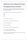 CNUR 102: Unit 8- Professional Practice:  The Registered Nurse and Ethics 2023/2024 passed