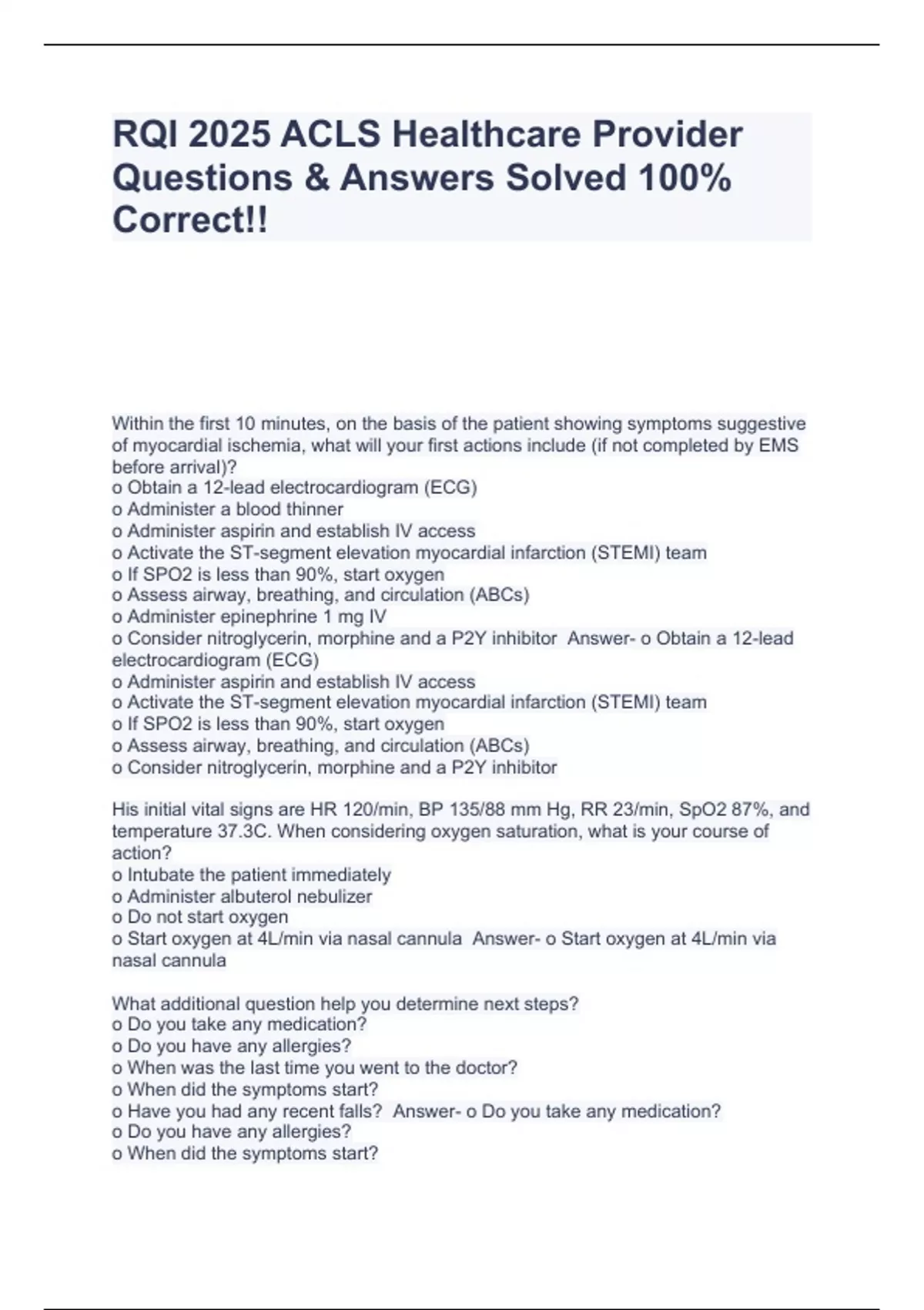 RQI 2025 ACLS Healthcare Provider Questions & Answers Solved 100