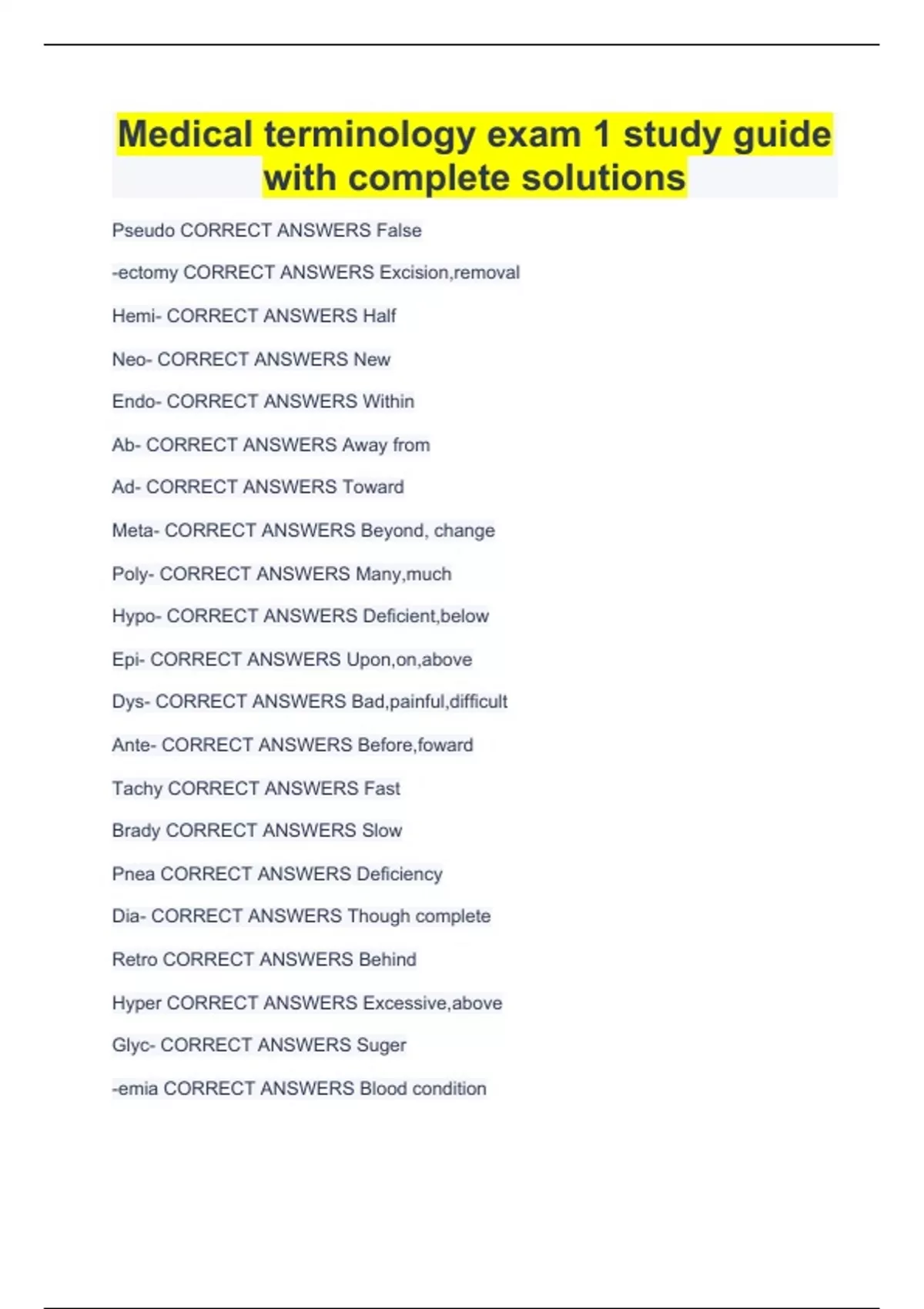 Medical Terminology Exam 1 Study Guide With Complete Solutions ...