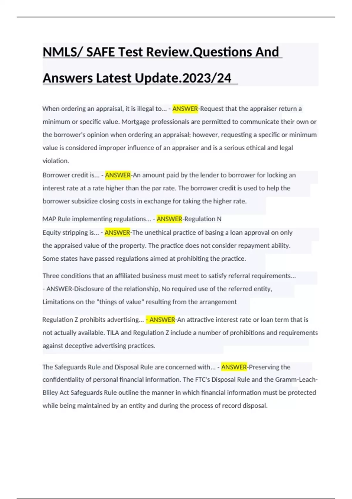 NMLS/ SAFE Test Review.Questions And Answers Latest Update.2023/24