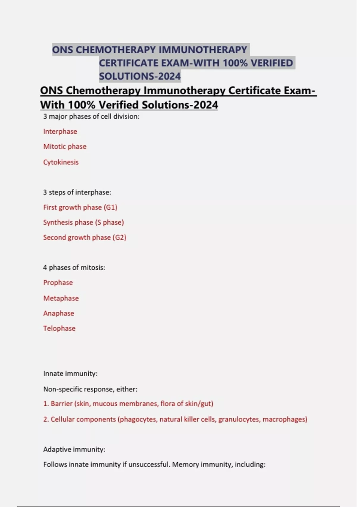 ONS Chemotherapy Immunotherapy Certificate Exam- With 100% Verified ...