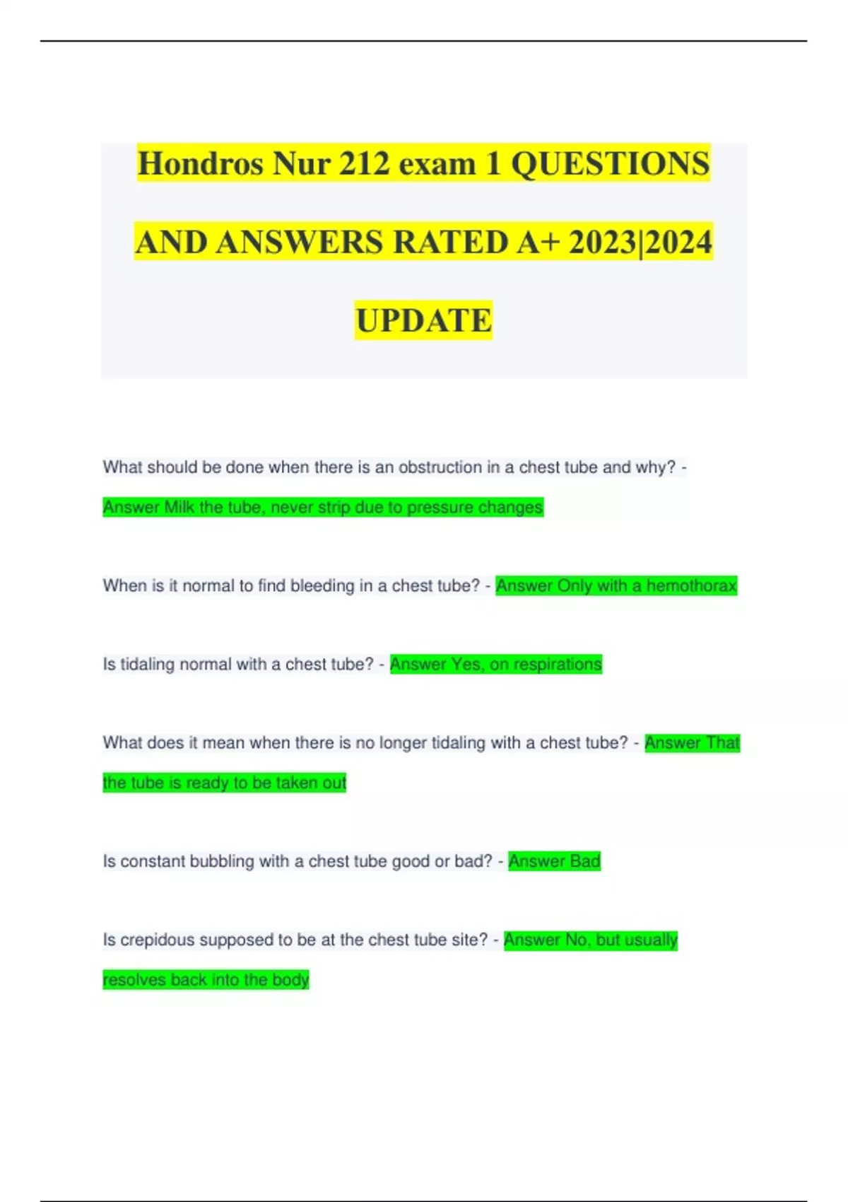 Hondros Nur 212 Exam 1 QUESTIONS AND ANSWERS RATED A+ 2023|2024 UPDATE ...