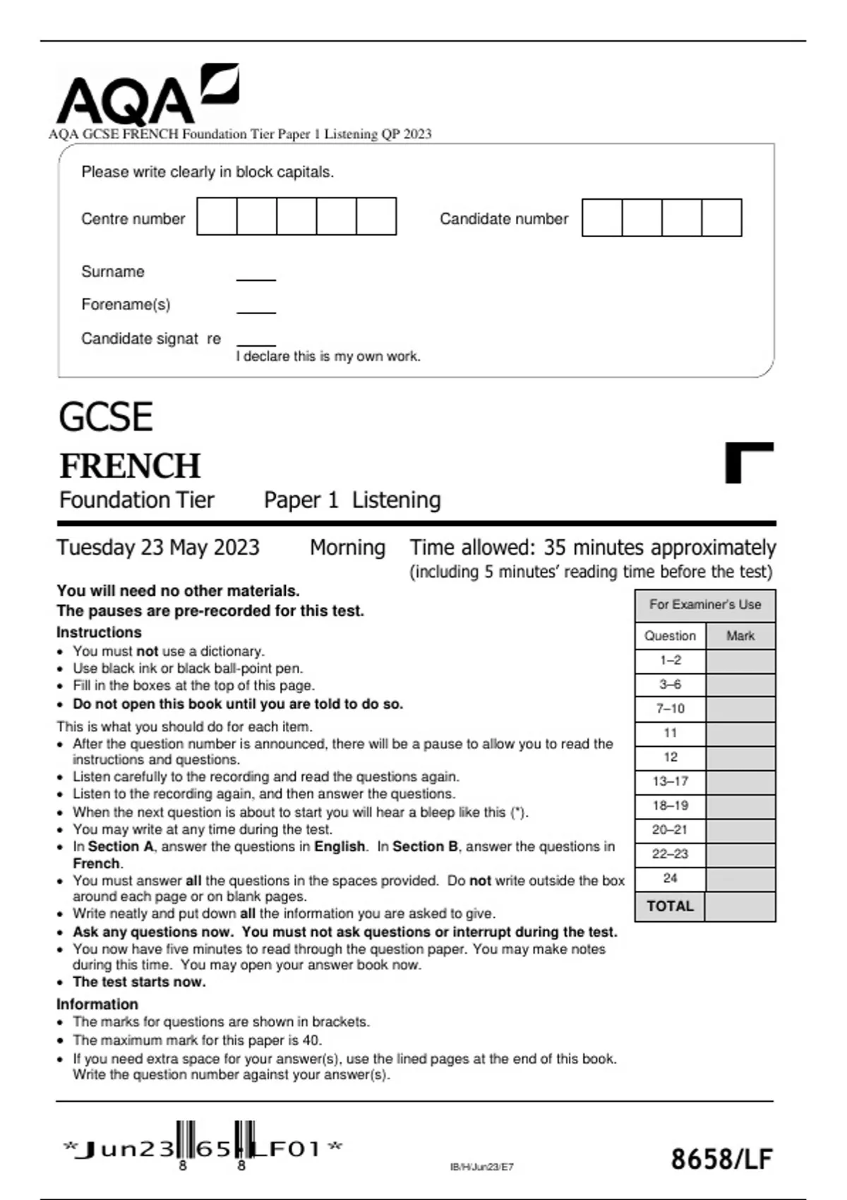 AQA GCSE FRENCH Foundation Tier Paper 1 Listening QP 2023 AQA GCSE