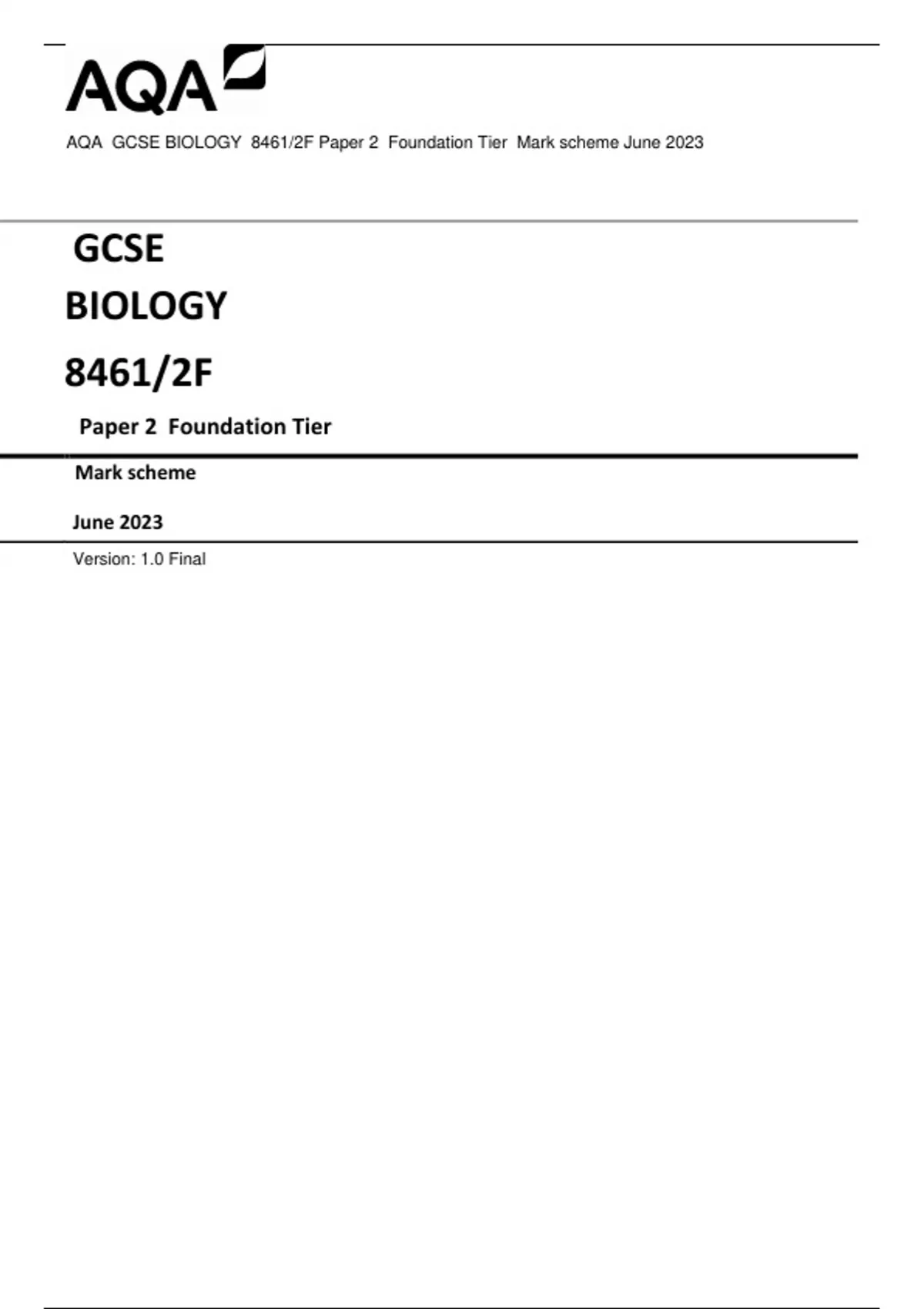 Aqa Gcse Biology 8461 2f Paper 2 Foundation Tier Mark Scheme June 2023