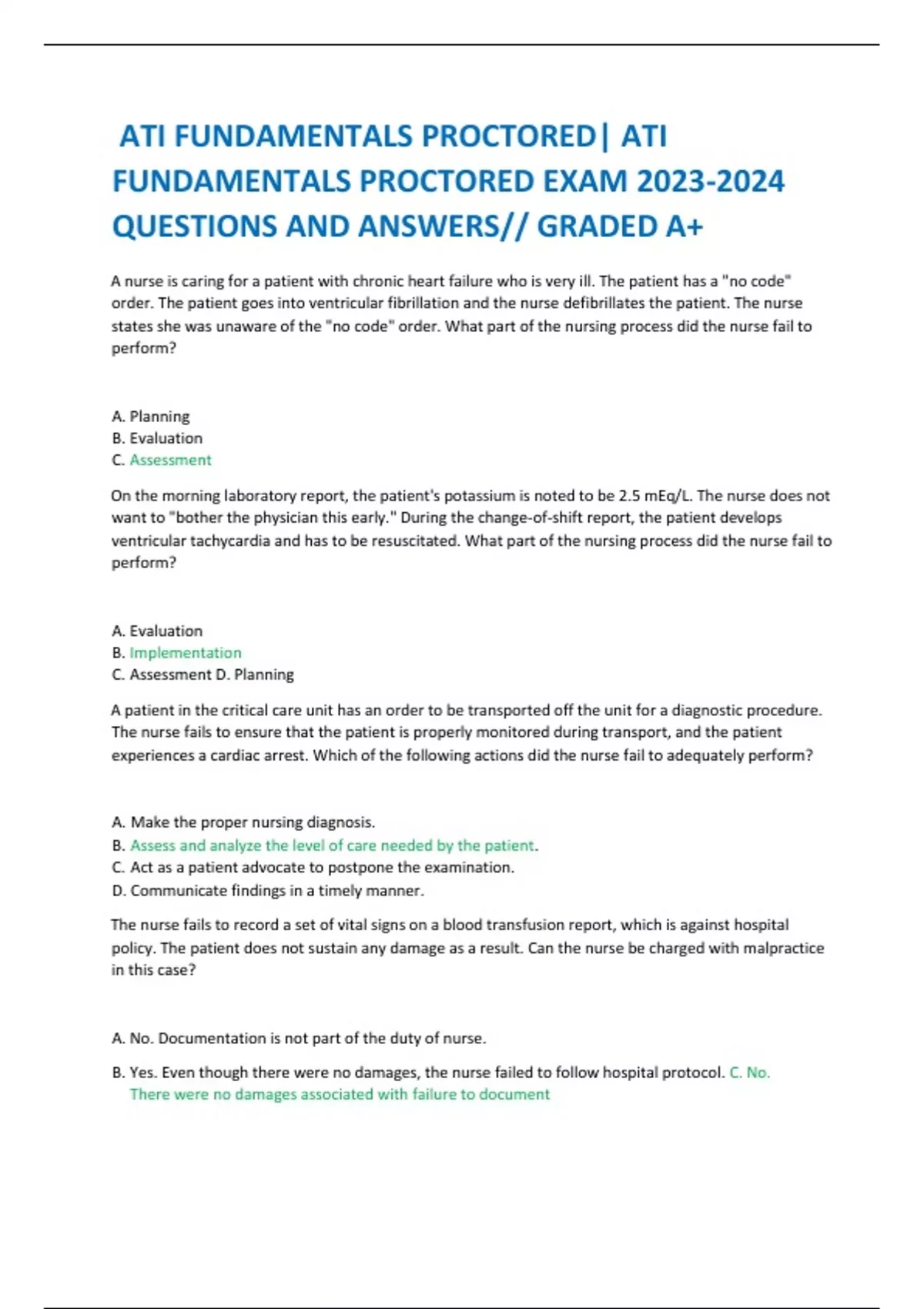 ATI FUNDAMENTALS PROCTORED ATI FUNDAMENTALS PROCTORED EXAM QUESTIONS AND ANSWERS// GRADED A+