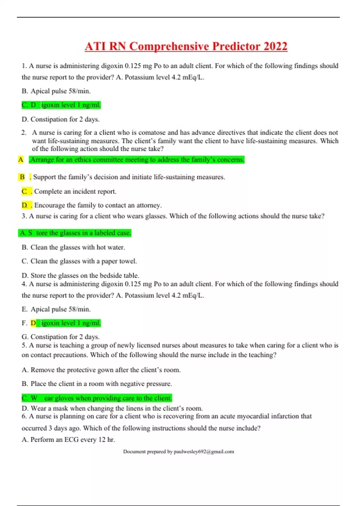 ATI RN Comprehensive Predictor/ ACTUAL EXAM QUESTIONS & ANSWERS 2022/ ...