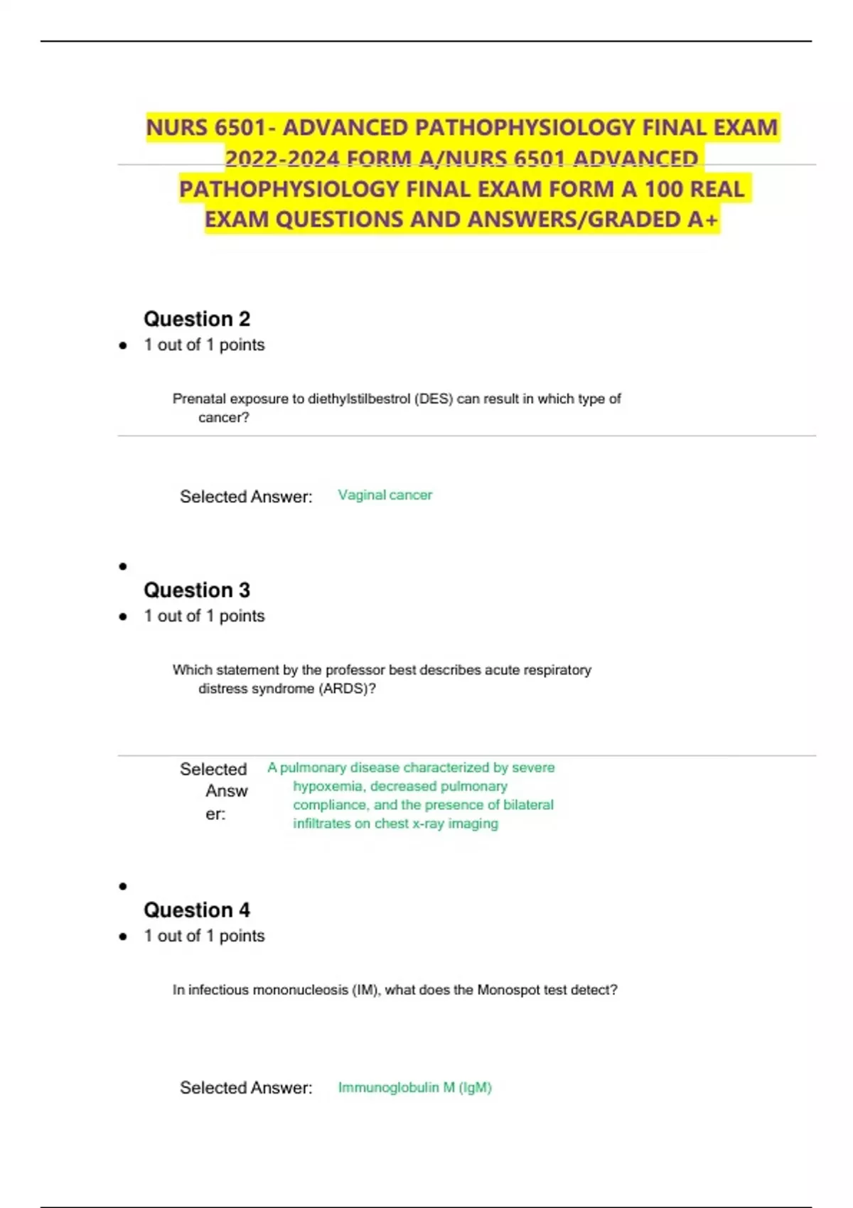 NURS 6501- ADVANCED PATHOPHYSIOLOGY FINAL EXAM FORM A/NURS 6501 ...