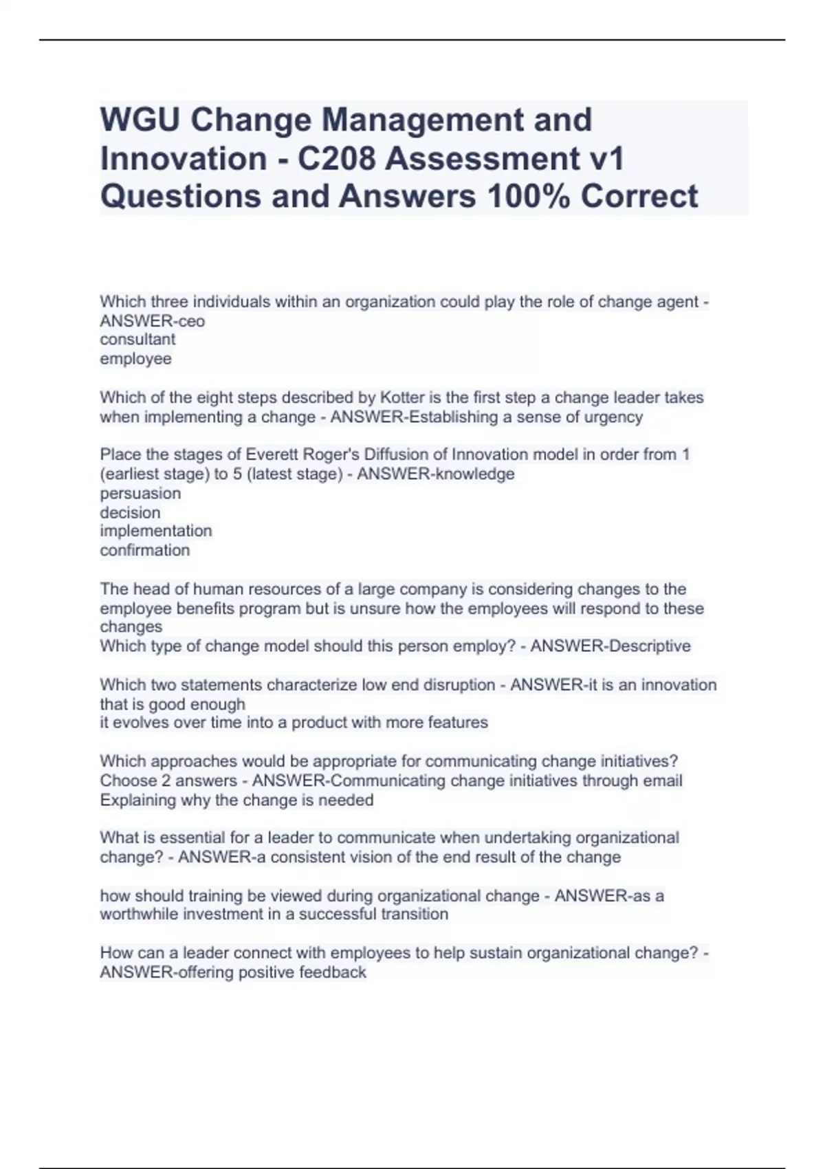 WGU Change Management And Innovation C208 Assessment V1 Questions And 