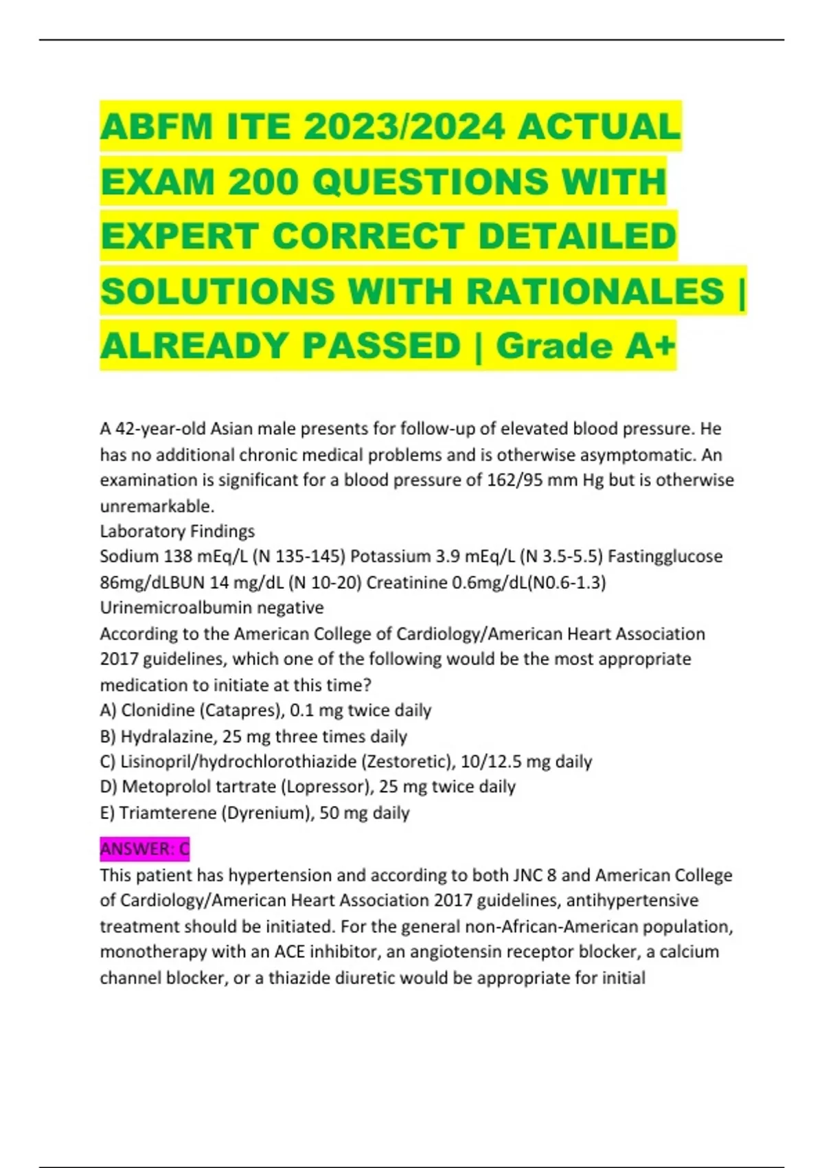 ABFM ITE 2023/2024 ACTUAL EXAM 200 QUESTIONS WITH EXPERT CORRECT