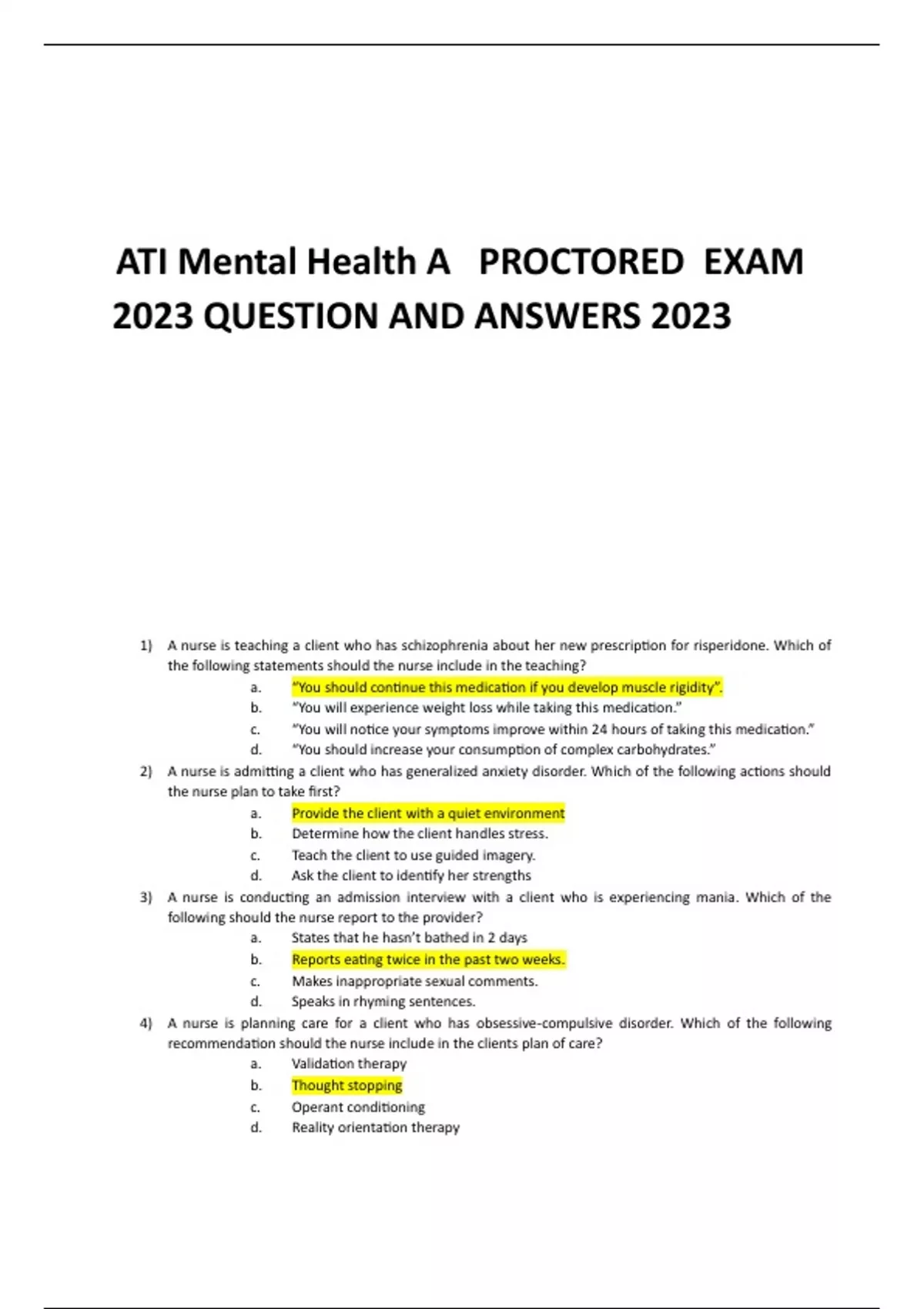 ATI Mental Health A PROCTORED EXAM 2023 QUESTION AND ANSWERS 2023 - ATI ...